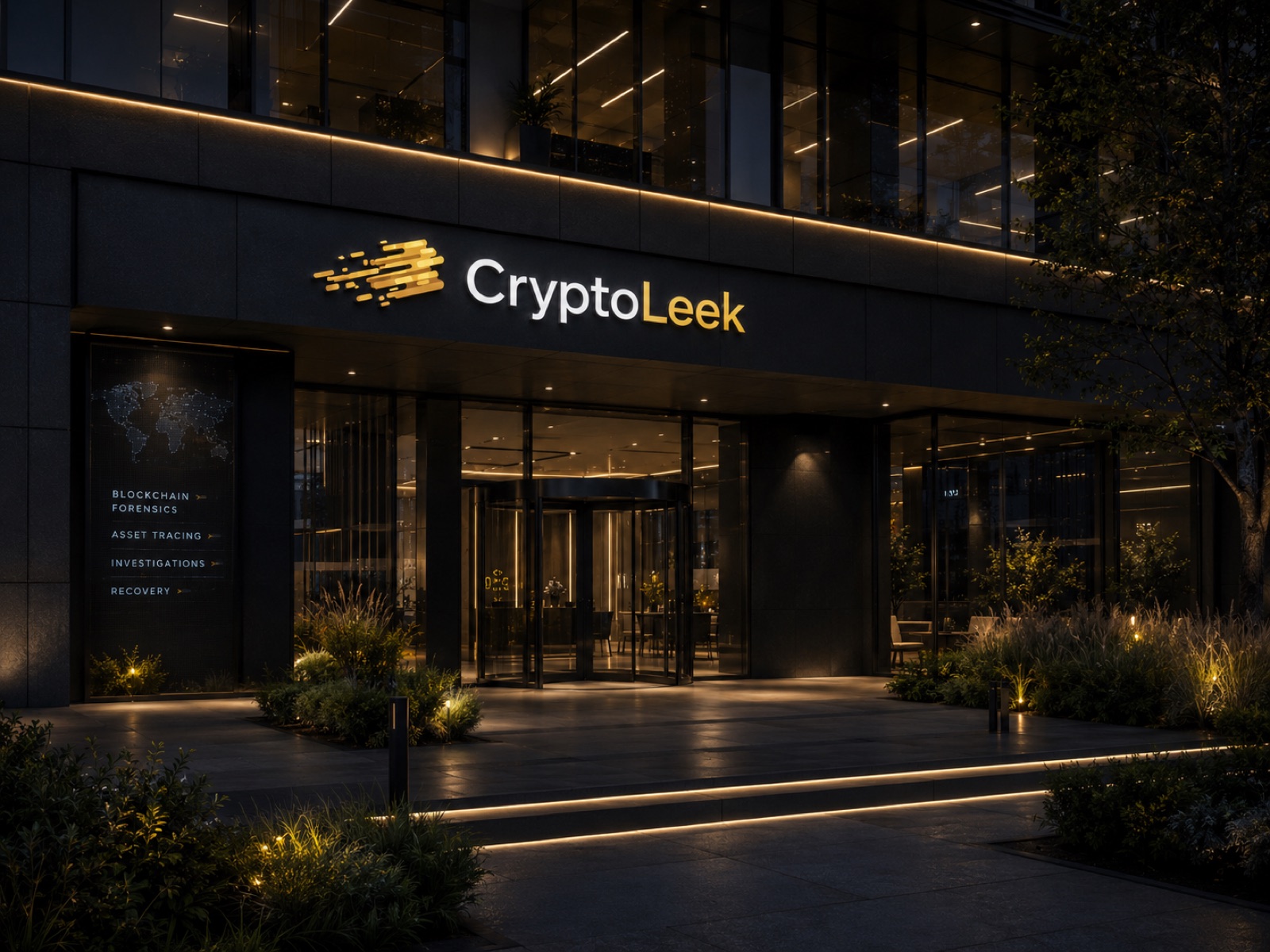 CryptoLeek office building exterior at dusk — illuminated brand mark, service wayfinding panel listing Blockchain Forensics, Asset Tracing, Investigations, and Recovery