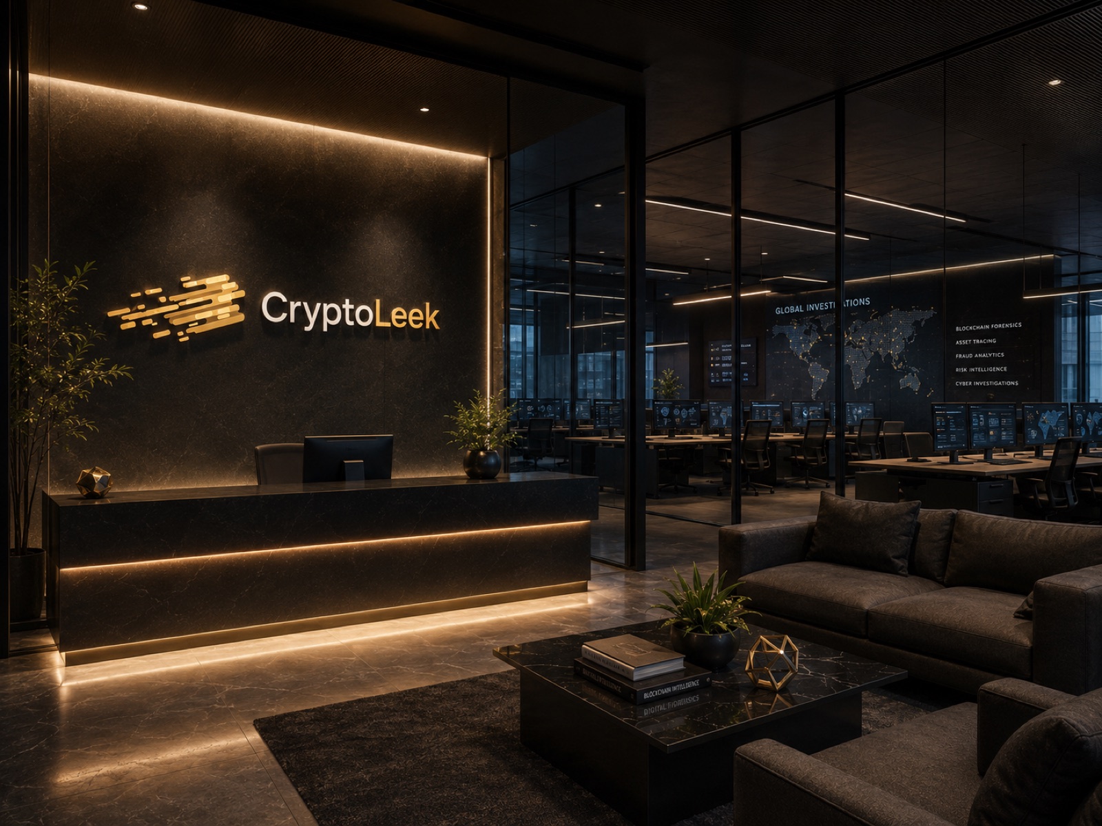 CryptoLeek reception and operations floor — analyst stations showing live global investigation modules: blockchain forensics, asset tracing, fraud analytics, risk intelligence, cyber investigations